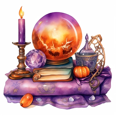 hand drawn glowing crystal ball sitting on a table with crystals, tarot cards, a wand, candles and a pumpkin, Halloween, purple and orange shades,fantasy, glamorous, , clipart style, detailed and realistic, watercolor, white background with margins