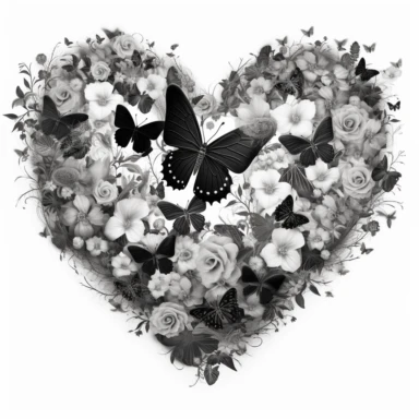 clipart style image of a hollow heart shape made up of flowers and butterflies. all in black and white on a white background.
