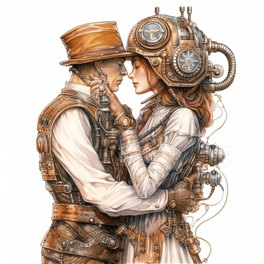 A steampunk couple sharing a tender moment, their hands intertwined and gazes filled with affection. Ultra high quality, intricate detail, retro - futurism, pastel clipart, white background