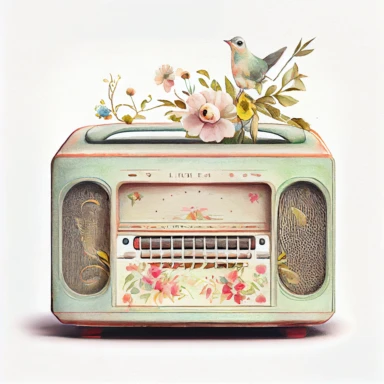 Vintage old radio ( a little floral, bird on radio) pastel watercolor clipart