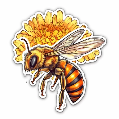 Sticker, thick outline, a honey bee sticker, side shot, with the details of its antenna legs and wings, in the style of airbrushing, liam sharp, overexposure, brushwork emphasis, sofonisba anguissola. gathering pollen from spring flower. Clipart, vector, contour, solid white background