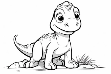 very simple and young colouring in activity sheet for pre-schoolers, black and white, outline lines only, clipart of a dinosaur pixar animation