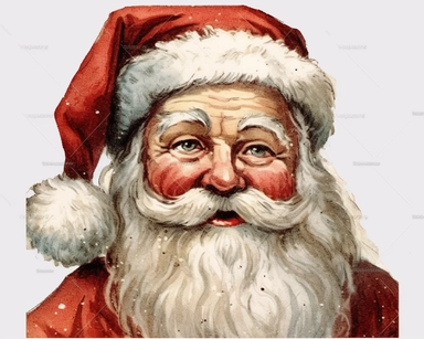1950’s. Retro Santa Claus face with his classic white beard and red stocking cap trimmed in white fur. Watercolor clipart, Retro Santa Claus face