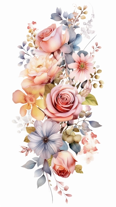 An enchanting clipart of Roses and Floral elements, rendered in a mesmerizing watercolor style, delicately portrayed on a white painting canvas in a 9:16 aspect ratio. The clipart showcases a delightful arrangement of blooming roses, complemented by an assortment of intricate floral elements, including dainty daisies, cascading vines, and delicate wildflowers. Each flower and leaf is carefully painted with vibrant watercolor pigments, capturing their delicate textures and vibrant hues. The water