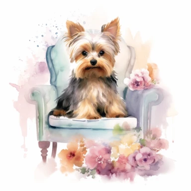 Yorkshire Terrier sitting on a cushion in a cozy living room, surrounded by soft pastel colors and floral patterns, white background, watercolor clipart.