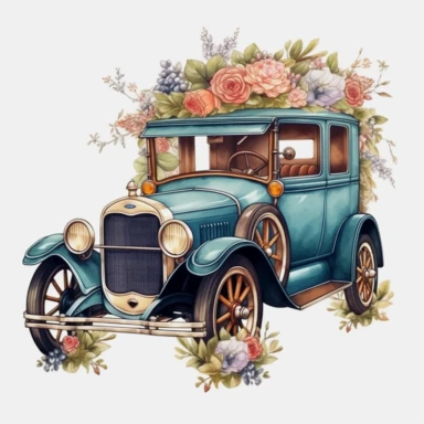 Retro Old Car with Flowers PNG Clipart Portraits, Illustration clipart, 4K, extremely detailed Sublimation Clipart,Cartoon,hyper realistic, intricate detail, illustration style,high solution,on the white background