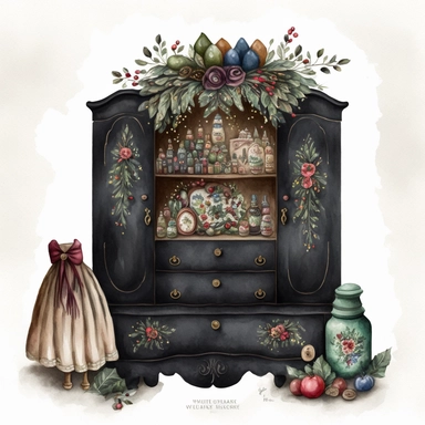 dark academia, christmas dresser, fairytale, folk art, watercolor, white background, clipart