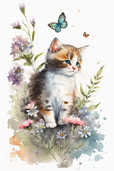 Adorable chaton jouant avec papillon et fleurs : Clipart aquarelle,réalisé félin mignon, utilisation commerciale, 300 DPI, Art mural, fabrication de cartes,