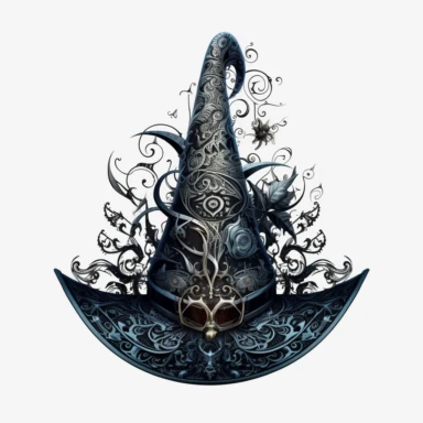 an intriguing clipart featuring a witch's hat, embodying the essence of mystery and magic. Design a tall and pointed hat with a wide brim, made from a richly textured fabric or adorned with intricate patterns and symbols, 4k, details, white background