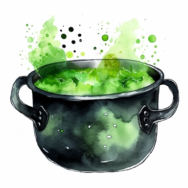 cute clipart of a cauldron, simple, cute, full color, spooky halloween, black handles either side, green bubbles, green steam rising up, pointed legs, watercolor – no outline