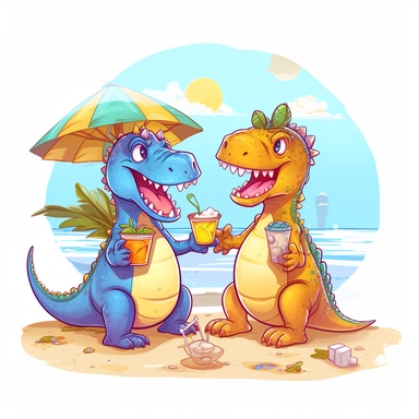 a foolish and cute dinosaurs having fun at the beach holding glass of lemoned , clipart style, white bg