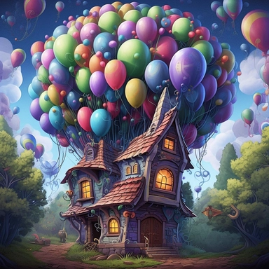 Whimsical magical wacky balloon cottage, dark forest, muted colors, swirls, twists, twirls, metallic, glitter, stylized, funny, centered, airbrushed, digital oil, detailed illustration, clip art, cartoon, 8k,-- ar 9:8