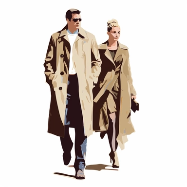 simple clipart of an attractive couple, both slim, the man wearing a trenchcoat and the woman wearing light coat, walking toward the viewer, similar to the iconic image used on the J. Peterman catalog, make the image so it is oval, like an icon type image