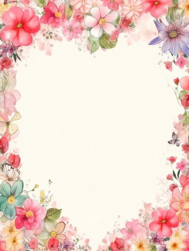 frame for poster, narrow vignette along the sides and the corners of the picture, little cute wild bright clipart flowers like hearts vignette, soff pastel blank center of the picture,