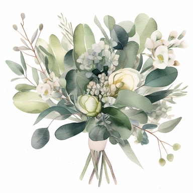 watercolor greenery eucalyptus bouquet clipart, white background, HD