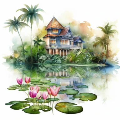 watercolor magical bungalow house in the tropical jungle with amazing garden clipart near the river, lotus plants on the water surface, peacefull, white background, 8k