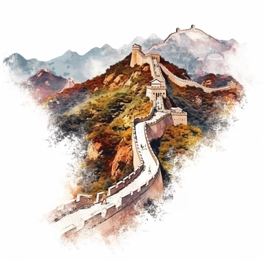 A clipart of the Great Wall of China snaking through mountains, painted in watercolor style, designed on a white background.
