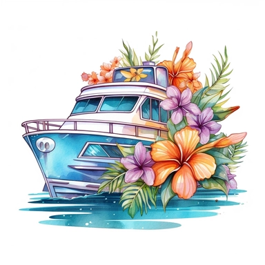 Pastel Cute Beautiful Hawaii Boat tropical flower Watercolor Sublimation Clipart,Cartoon, hyper realistic, intricate detail, illustration style,high solution,on the white background