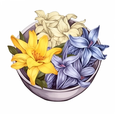 watercolor ginger, jasmine and lilac flowers in a bowl, in the style of light gray and dark azure, tropical symbolism, realistic renderings of the human form, light yellow and amber, tattoo, made of all of the above, white background Clipart desert cartoon t-shirt graphic, vector, contour, isolated on a white background