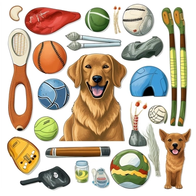 clipart if vector dog items like tennis ball, food bowl, toys, dog bed, dog bone, paw print , dog treat shaped like bone, dog collar , dog leash