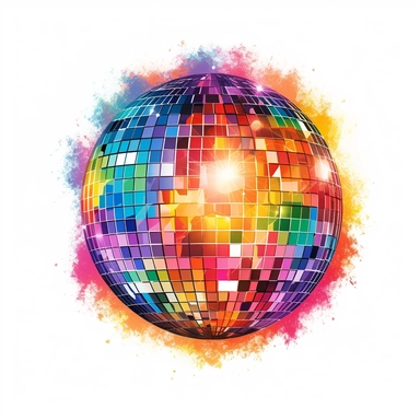 high quality watercolor clipart of a realistic disco ball with some fire around, white background, seperated, vector design, hd