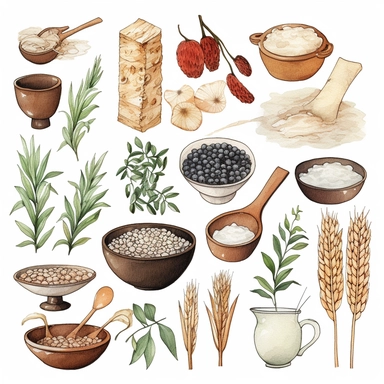 Watercolor 반찬, illustrations clipart set, simple, soft colors, cartoon elements, different variants, rice, 김치, 도라지나물, 가지나물, 파전, 단무지, 잡채, 미역무침, 콩나물, porcelain elements, chopsticks , separate elements with a margin