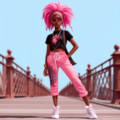 black chibi women incarnate in a 3d pink clothes, Mesmerizing gaze, pink girl dreadlock, american college fashion pink clipart, black magic girl