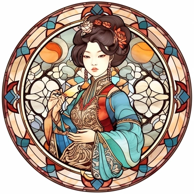 Vintage Cute Beautiful Round Stained Glass Korean fashion girl Sublimation Clipart, Cartoon, hyper realistic, intricate detail, illustration style, high solution, on the white background