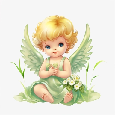 Cute baby angel clipart with flower, green, white background