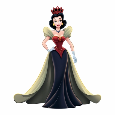 FULL-BODY PERSPECTIVE OF A 2D DISNEY CLIPART ILLUSTRATION OF A BEAUTIFUL AND BENEVOLENT QUEEN, WHITE BACKGROUND, STYLE OF DISNEY'S 1937 MOVIE SNOW WHITE, WHITE BACKGROUND