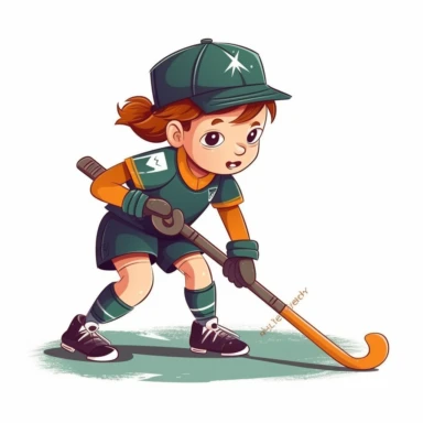 kid playing field hokey match in field hockey gear clip art vector, simple, white background