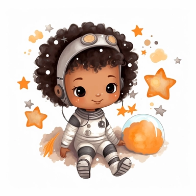 Clipart of super cute baby astronaut,black little girl , stars white background,stars white background