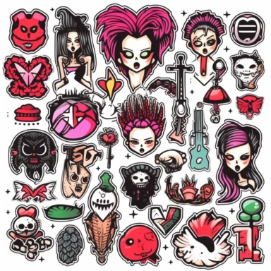 cartoon goth punk stickers set, bold line, vector stickers, clipart, white background, no shadow, white background, doodle style, limited palette, emo, tattoo, punk, love, rock, skull, chain, goth, heart, cartoon, fire, retro, rose, black, sticker, cute, pink, set, young, beautiful, adult, teenager, gothic, culture, pills, bracelet, drugs, element, thorns, dagger, gun, stickers, tattooing, collection, symbol, y2k, temporary, transferable, hope, barbed wire, sad, dark, 2000s, pretty, 00s, 90s