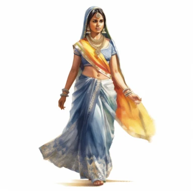 watercolor style, full body view, beautiful woman from India wearing traditional clothes, very detailed, realistic, clipart, isolated on white background, 4K