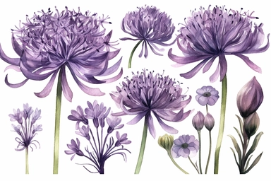 Watercolor clipart collection of matching and coordinating purple agapanthus, isolated elements on a white background with a wide margin