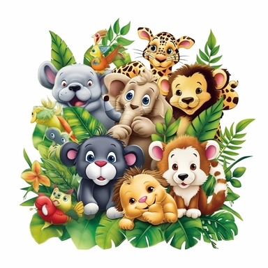 clipart with white background, baby jungle animals playing in the jungle, cute and adorable, clearly defined separate image, high quality--ar3:4-no mockups, watermarks, numbers, writing, letters--q2--v5.1--s1000