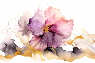 beautiful gorgeous alcohol ink of gold serene nature scene with a central focus on a pink flower. gentle wave , minimalist style, crystals, glam, glossy, glitter texture, liquid ink clipart, modern and stylish design, bright colors, 300 dpi, clear decoration, clear white background, highly detailed digital art, 8k