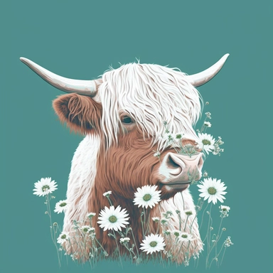digital clipart, spaced evenly, illustration of regal, highland cow eating daisies.