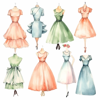 2 watercolor 1950s vintage boutique retro shabby chic clipart, white background, spaced out, hd