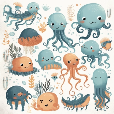 Octopus Clipart Cute Octopus, Sea Creature, Ocean Animals Clipart Kids Clipart Sea Creatures Octopus Nursery Decor, with blue air bubbles and sea anemones and sea plants