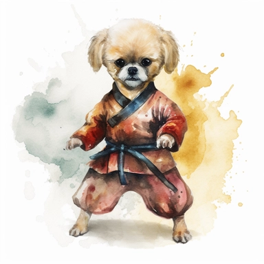 watercolor illustration of A Kung Fu dog dressed in martial costume，The dog is a teddy dog, The teddy dog is performing Chinese kung fu, The dog should appear skilled and confident in its movements, showcasing its martial arts prowess,highlight the dog’s agility and grace, capturing a moment that is both dynamic and visually striking,isolated, digital art, concept,art,8k,hd,clipart