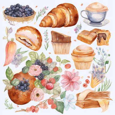 make a vector design sticker sheet with lots a french cafe theme, watercolor, spread out clipart, bread, desserts, cakes, macarons, tea, french bread, flowers