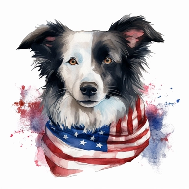 realistic watercolor of a border collie wering a american flag scarf, vector free clipart illustration, in the style of unreal engine 5, 32k uhd, detailed features, white background