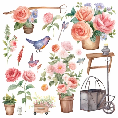 a whimsical cute cartoon collection on white background with margins, Watercolor rose Garden Clipart , Provence floral spring clipart, roses in wall hanging, garden furniture, birds and butterflies around roses, roses in flower pots, Garden tools, single 