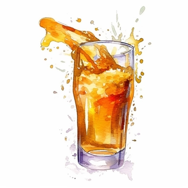 Beer Pours: Illustrate watercolor clipart of beer being poured into a glass, capturing the fluid movement and golden hues, full color, clipart, watercolor illustration, single object, high definition 8k, white background for removing background
