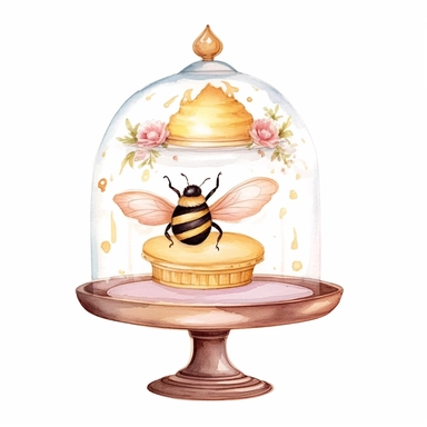 whimsical watercolour clip art honey cupcake under a glass dome with bee decorations