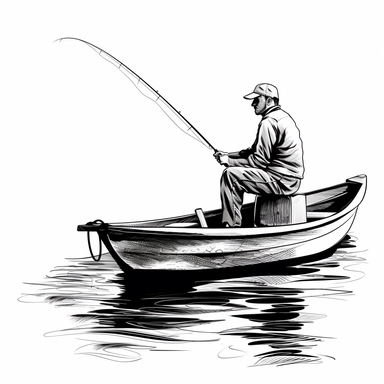 black Line man fishing on a boat, clipart, White background