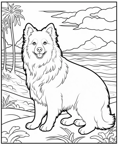 expert coloring page style of realistic Pomeranian Dog breed Clipart, simple beach background, simple line art, line is crisp and clean, easy to color