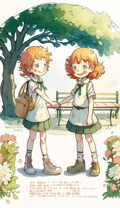 Next to a small table on the grass, surrounded by tall trees and blooming shrubs.Sunny and breezy, comfortable and pleasant.Laughter of children and sounds from amusement facilities can be heard from afar.character sheet, illustration for book, children's book, multiple positions,manga style,Watercolor Clipart, strybk, full Illustration, 4k, sharp focus, watercolor, smooth soft skin, symmetrical, soft lighting, detailed face, concept art, watercolor style, strybk, children's style fairy tales, c