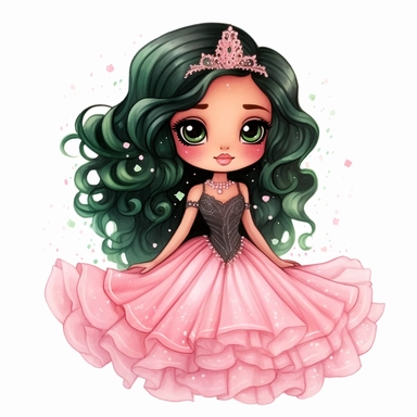 A cute detailed black girl in chibi style, Jasmine Becket - Griffith style, watercolour illustration clipart with real glitter detail, wearing a beautiful pink full length ballgown style dress, the girl has long black hair, the girl has green eyes, full body image, with feet isolated on a white background